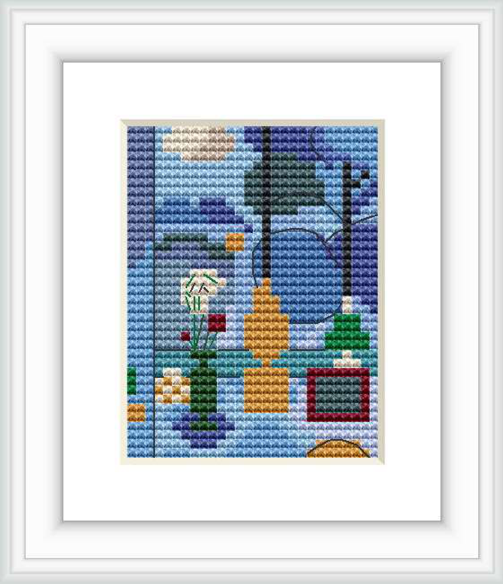 The cross stitch pattern displays an abstract representation of a room with a window, using a rich color palette and geometric shapes.