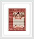 The image features a cross stitch pattern with the words 'THE BOSTON EASTER SUNDAY HERALD' around a central design resembling a folded newspaper or an open book with a decorative pattern border.