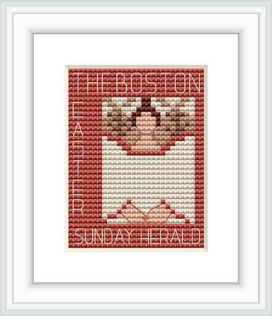 The image features a cross stitch pattern with the words 'THE BOSTON EASTER SUNDAY HERALD' around a central design resembling a folded newspaper or an open book with a decorative pattern border.