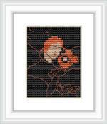 The image depicts a close-up cross stitch pattern of a flowering plant with petals in beige and orange, and leaves in shades of brown and crimson, on a black background.