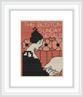 The cross stitch pattern depicts a stylized woman with a hat in a silhouette-like style, reading a newspaper with 'THE BOSTON SUNDAY HERALD' written on it, surrounded by decorative floral elements.