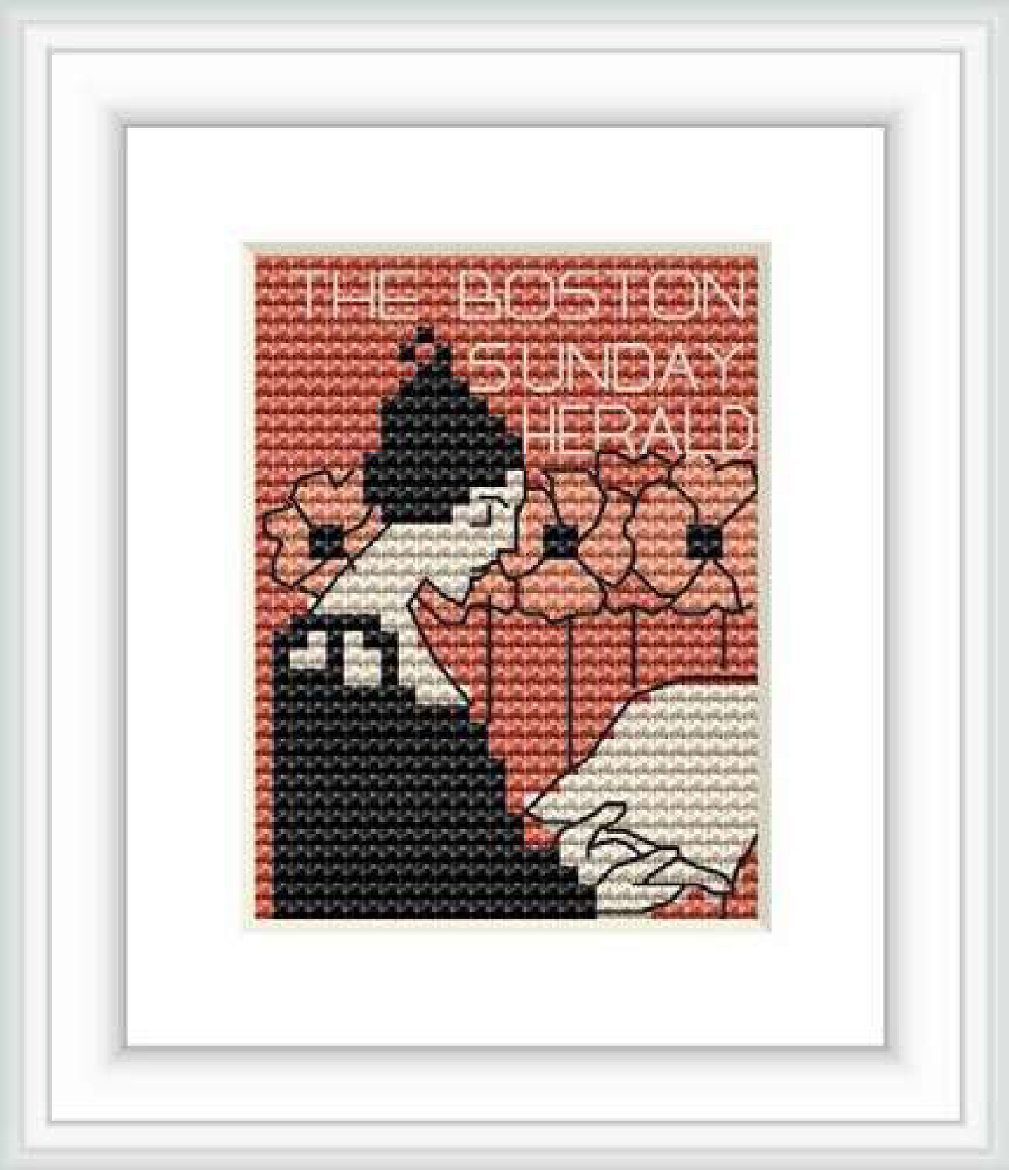 The cross stitch pattern depicts a stylized woman with a hat in a silhouette-like style, reading a newspaper with 'THE BOSTON SUNDAY HERALD' written on it, surrounded by decorative floral elements.