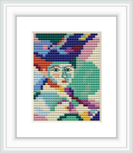 The image depicts a cross-stitch pattern design featuring an abstract portrayal of a woman with a hat. The piece is framed, showing a colorful and geometric interpretation typical of Henri Matisse's style.