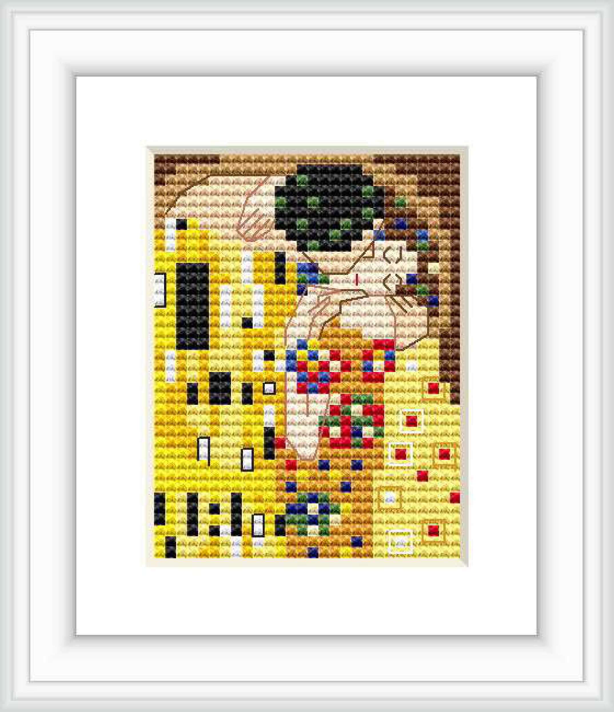 The cross stitch pattern depicts a stylized couple in an embrace, reminiscent of Klimt's 'The Kiss', with a golden, geometric backdrop and colorful embellishments.