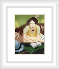 The image shows a pixelated cross stitch pattern of a woman reading. She is seated with a book in her lap and appears to be holding a parasol. The frame is white and the pattern is centered within.