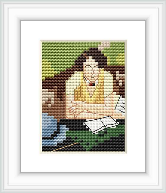 The image shows a pixelated cross stitch pattern of a woman reading. She is seated with a book in her lap and appears to be holding a parasol. The frame is white and the pattern is centered within.