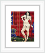 The image depicts a cross stitch representation of a nude figure set against a backdrop featuring bold color blocks and patterns.