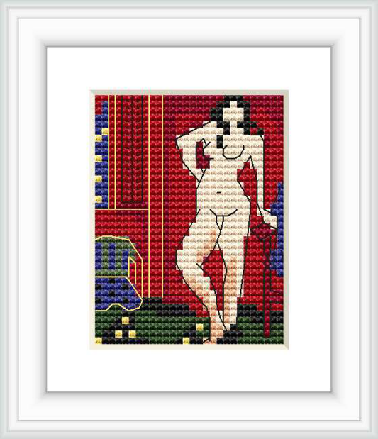The image depicts a cross stitch representation of a nude figure set against a backdrop featuring bold color blocks and patterns.