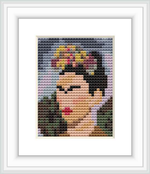 The image displays a framed cross stitch pattern depicting an abstract portrait of Frida Kahlo centered on a white background.