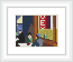 The image depicts a cross-stitch pattern resembling Edward Hopper's painting, showcasing figures at a diner with prominent window views and interior elements.