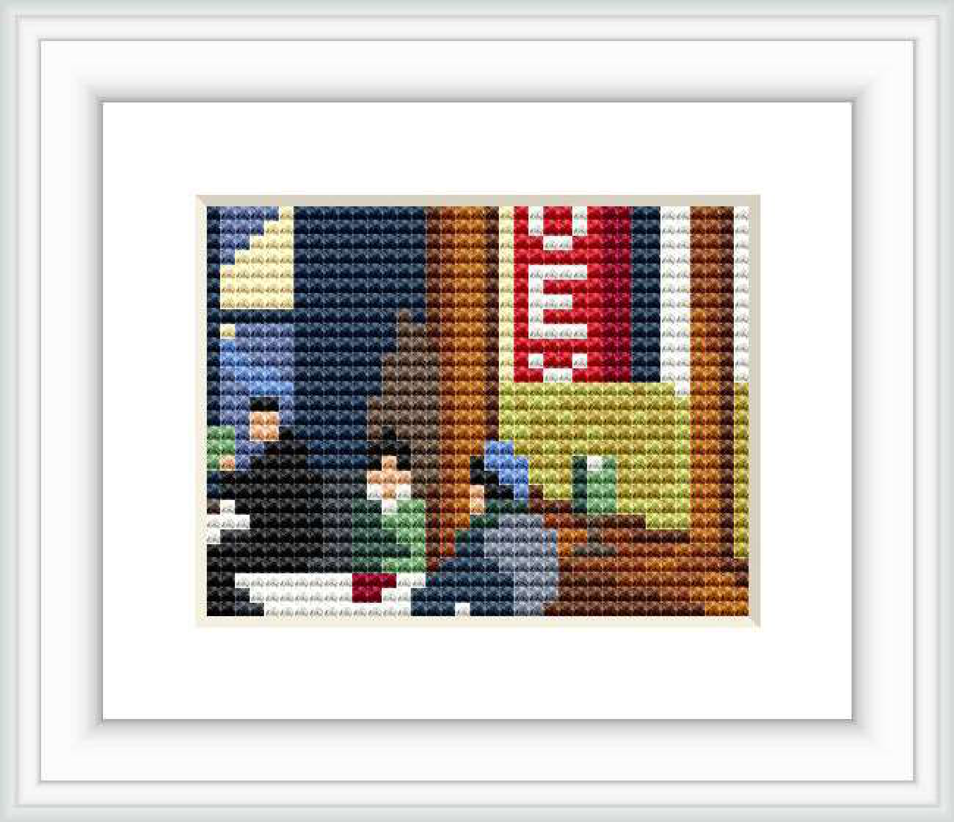 The image depicts a cross-stitch pattern resembling Edward Hopper's painting, showcasing figures at a diner with prominent window views and interior elements.