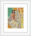 The image shows a cross stitch pattern of a stylized reclining woman against a multicolored background, framed and displayed on a white surface.