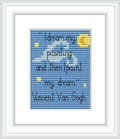 The image displays a framed cross stitch pattern featuring a quote attributed to Vincent Van Gogh over a starry night sky backdrop with a yellow moon.