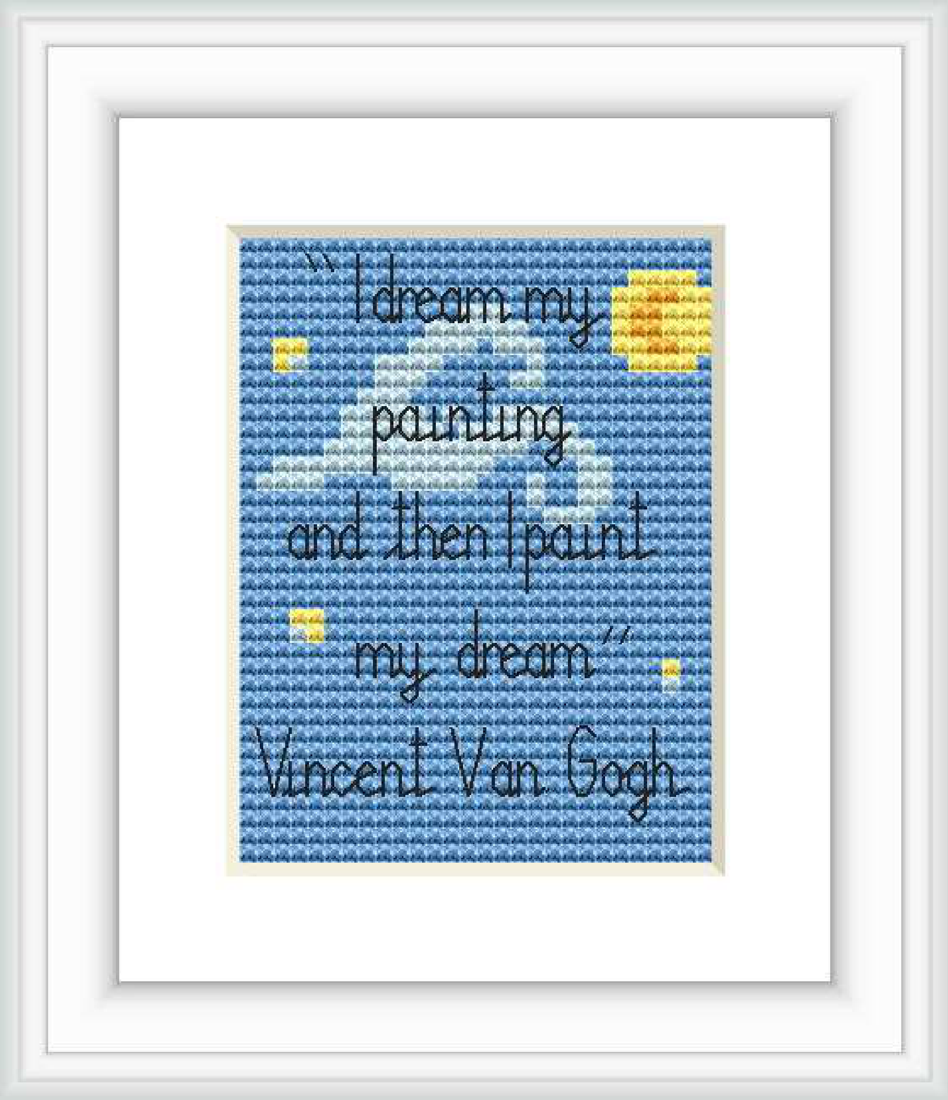 The image displays a framed cross stitch pattern featuring a quote attributed to Vincent Van Gogh over a starry night sky backdrop with a yellow moon.