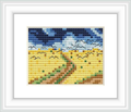 The image depicts a cross stitch pattern that recreates Van Gogh’s Wheatfield with Crows. It features a golden wheat field under a tumultuous sky streaked with blue and white, a pathway through the field, and dark silhouettes of crows flying overhead.