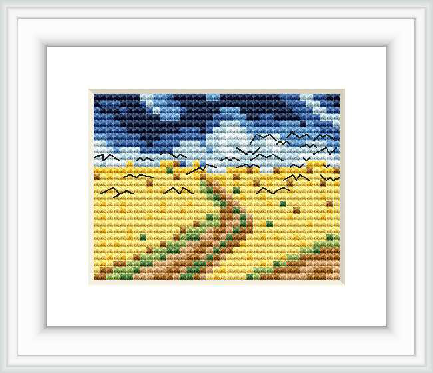 The image depicts a cross stitch pattern that recreates Van Gogh’s Wheatfield with Crows. It features a golden wheat field under a tumultuous sky streaked with blue and white, a pathway through the field, and dark silhouettes of crows flying overhead.