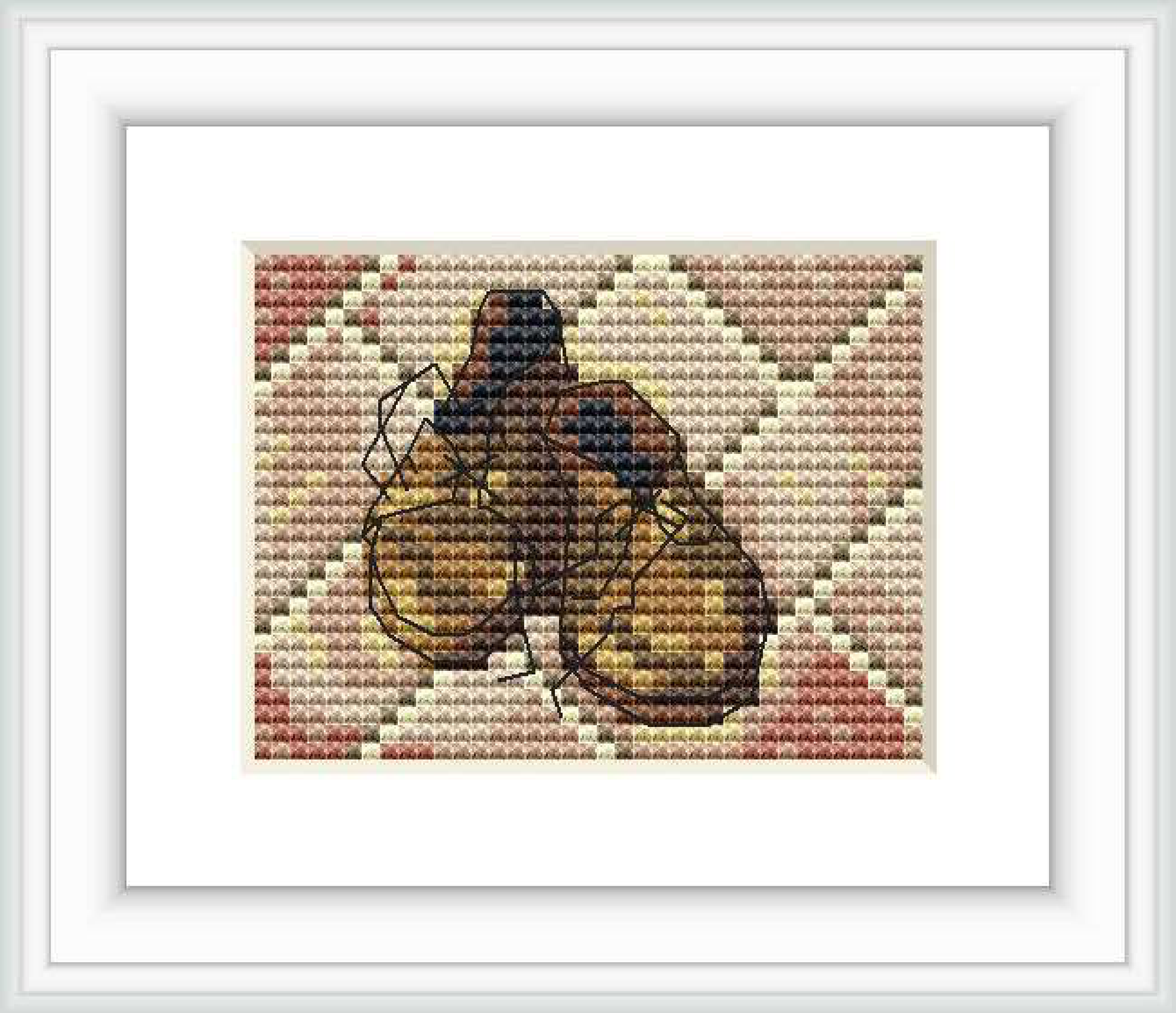 The image depicts a finished cross stitch pattern framed in white. It features a pair of yellow and brown toned shoes resembling the style of Vincent Van Gogh's painting. The shoes are placed against a background with subtle geometric patterns.
