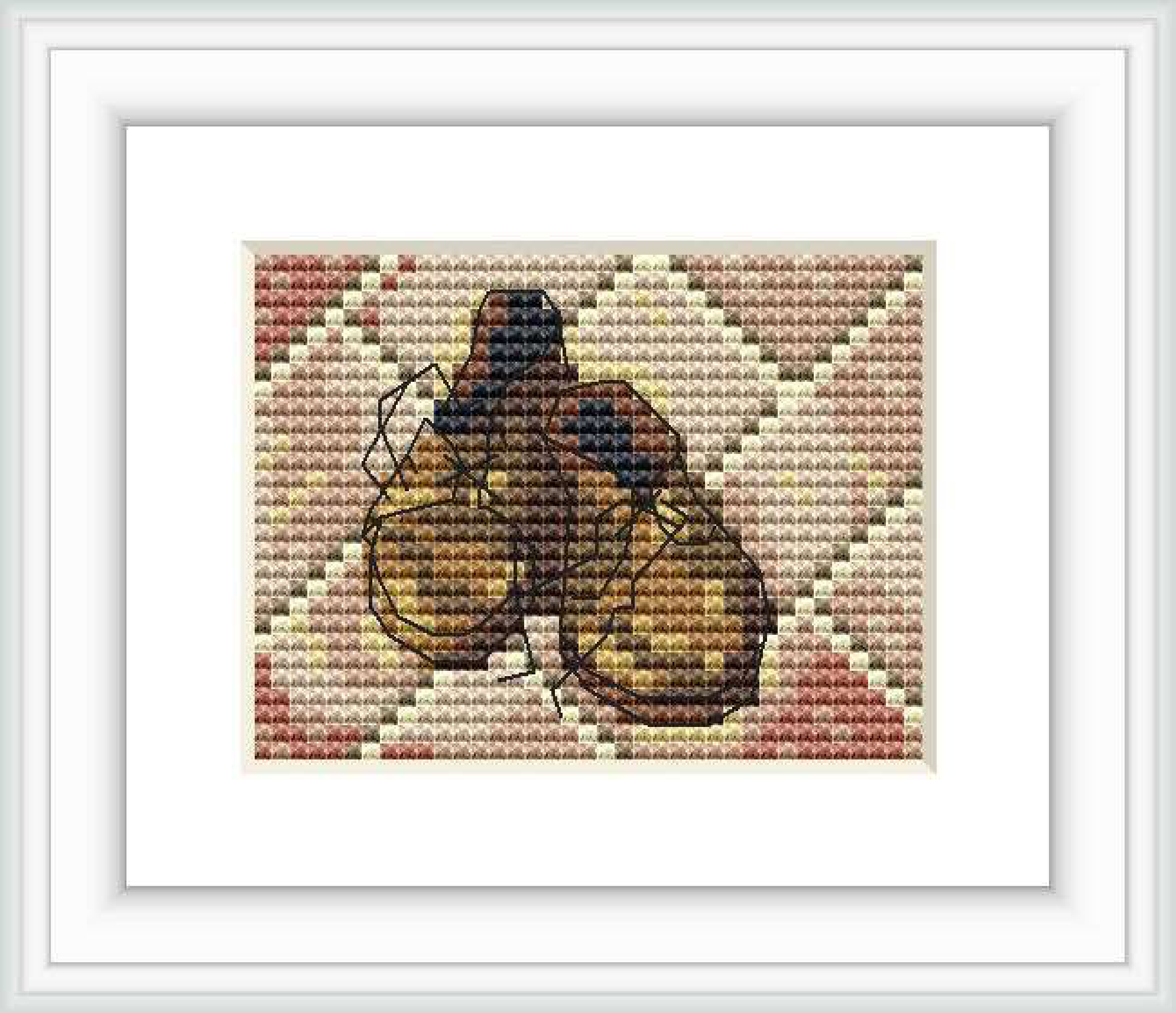 The image depicts a finished cross stitch pattern framed in white. It features a pair of yellow and brown toned shoes resembling the style of Vincent Van Gogh's painting. The shoes are placed against a background with subtle geometric patterns.