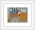 The image depicts a furnished bedroom with a large bed, chairs, a table, wall paintings, and a window, arranged as in Van Gogh's 'Bedroom in Arles'.