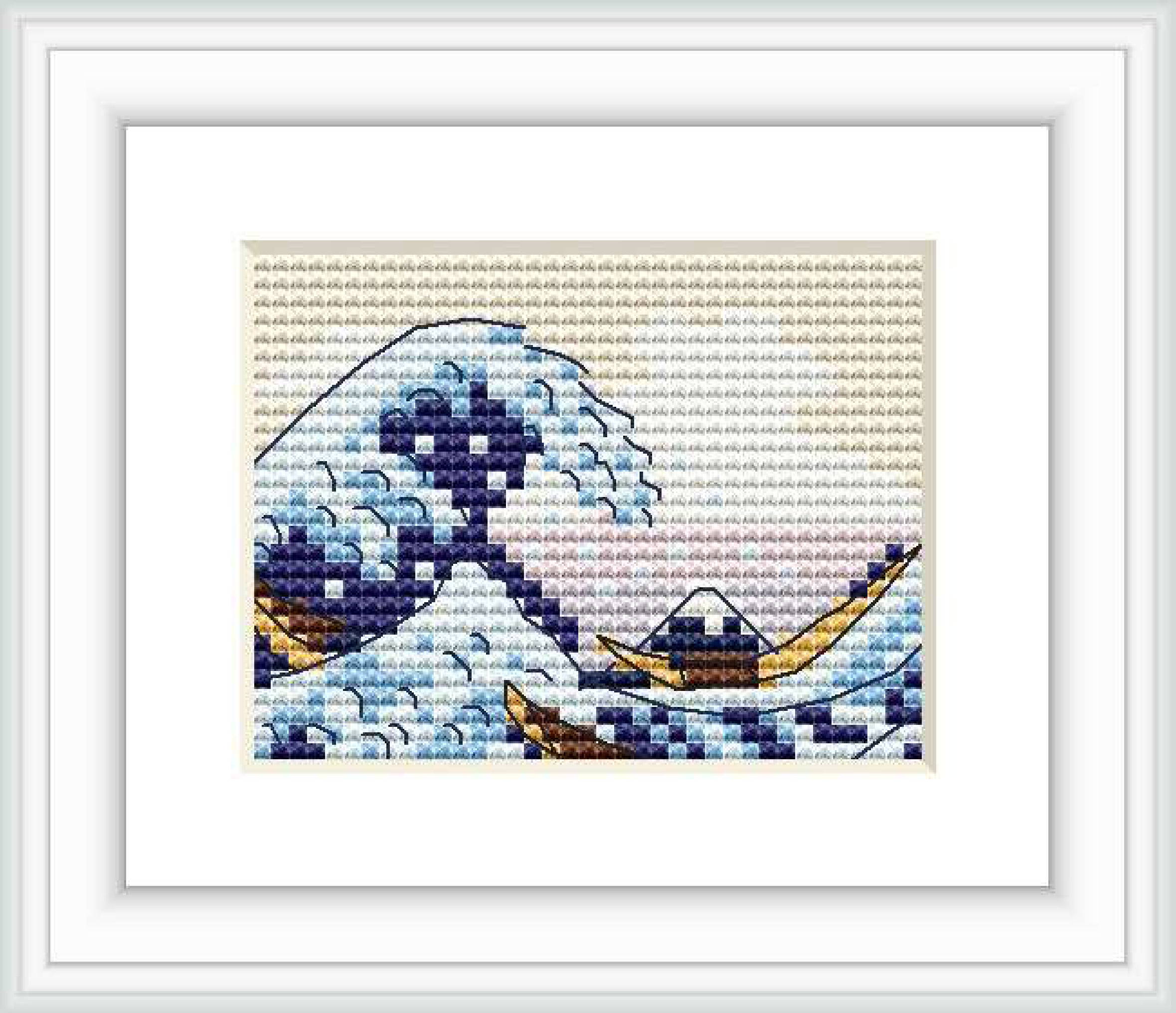 The image depicts an embroidered rendition of 'The Great Wave' with stylized ocean waves, boats, and Mount Fuji in the background framed against a patterned sky.