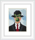 The design depicts a gentleman in a suit and bowler hat, facing forward with a green apple obscuring his face against a sky blue background with wispy white clouds.