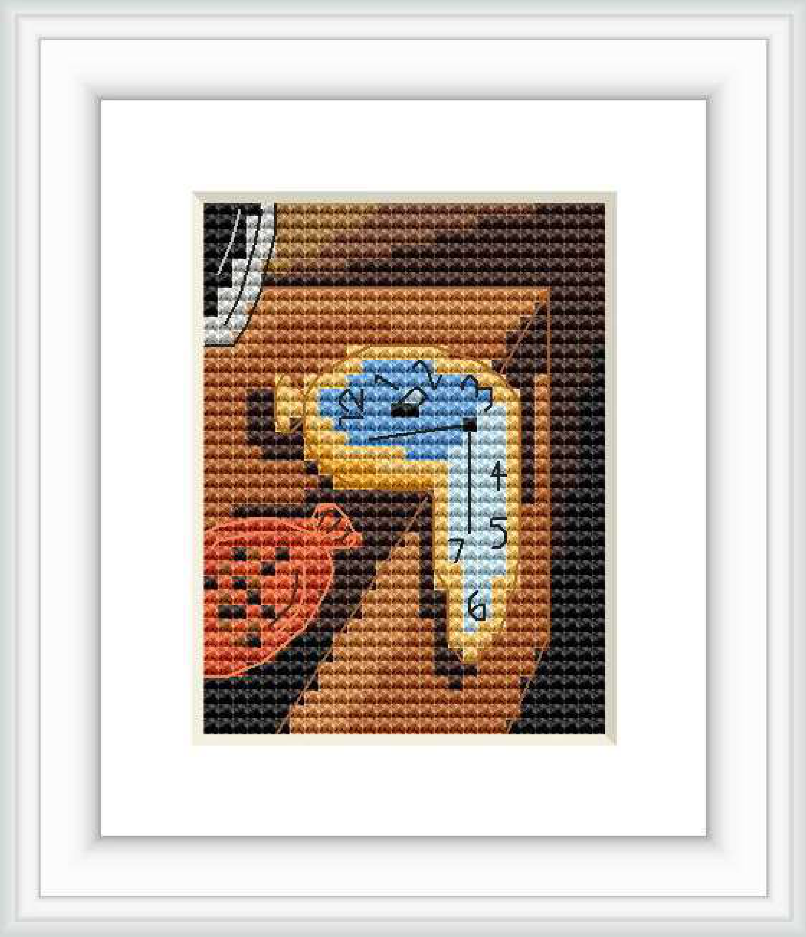 This cross stitch pattern features a surreal scene with melting clocks draped over a barren landscape, a distorted shelf, and a tree.
