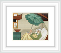 The image shows a cross-stitch pattern representing an indoor scene with a male figure lying on a bed draped in a green blanket, reading beneath an umbrella which seems to be protecting him from a leaky roof. The garret room has a warm palette, with wooden beams and a window.