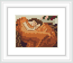 The image showcases a framed cross-stitch pattern depicting a pixelated version of the famous painting 'Flaming June' by Frederic Leighton. It features the figure of a woman at rest, with varying shades predominantly in burnt orange and brown.