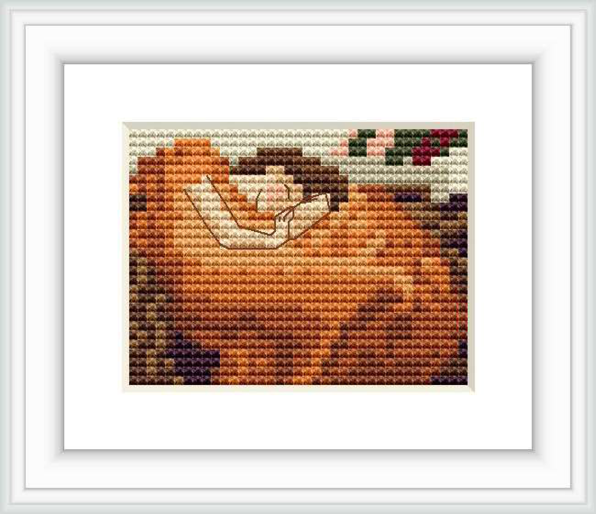 The image showcases a framed cross-stitch pattern depicting a pixelated version of the famous painting 'Flaming June' by Frederic Leighton. It features the figure of a woman at rest, with varying shades predominantly in burnt orange and brown.