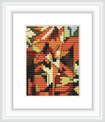 The design features abstract shapes and colors that suggest the form of foxes. It is framed on a white background and shows a variety of shapes that form a cohesive image resembling vibrant, abstract foxes in an expressionist style.