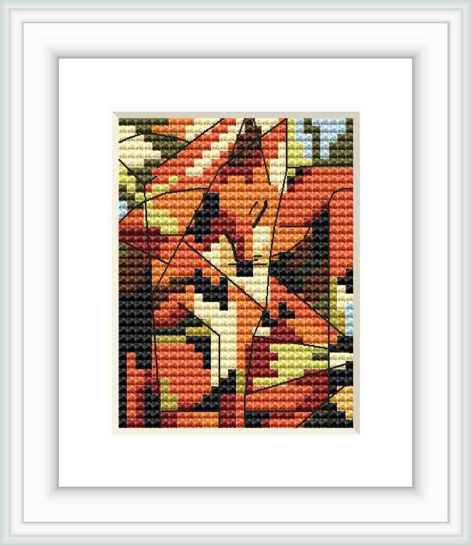 The design features abstract shapes and colors that suggest the form of foxes. It is framed on a white background and shows a variety of shapes that form a cohesive image resembling vibrant, abstract foxes in an expressionist style.