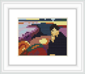 A framed cross stitch pattern depicting a portrait with abstract elements, set against a seascape backdrop.
