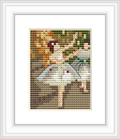 A framed cross stitch pattern depicting two ballet dancers on stage, possibly during a rehearsal or performance, with hints of a backdrop and an audience.