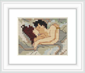 The image depicts a cross stitch pattern representing a couple embracing on a bed, with a focus on closeness and tenderness.