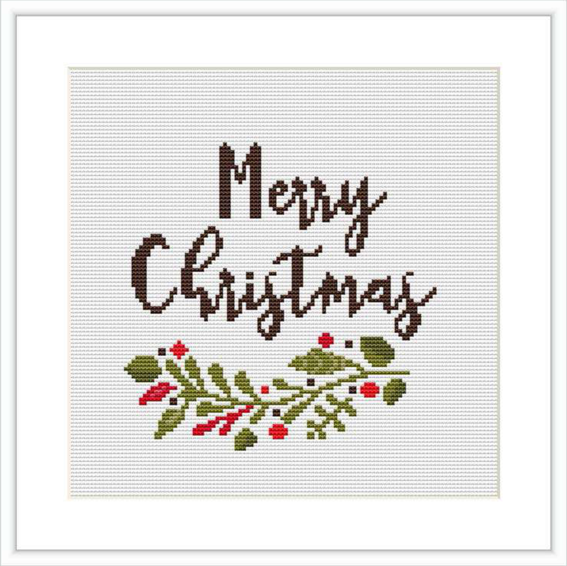 The image features a centered cross stitch pattern that says 'Merry Christmas' in stylized brown and gold letters, underlined by a delicate row of green foliage and red berries.