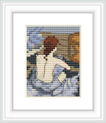 The design depicts a woman from the back view, seated before possibly a mirror, engaged in a personal grooming activity. The surrounding is a suggestion of an interior space with a muted color palette.