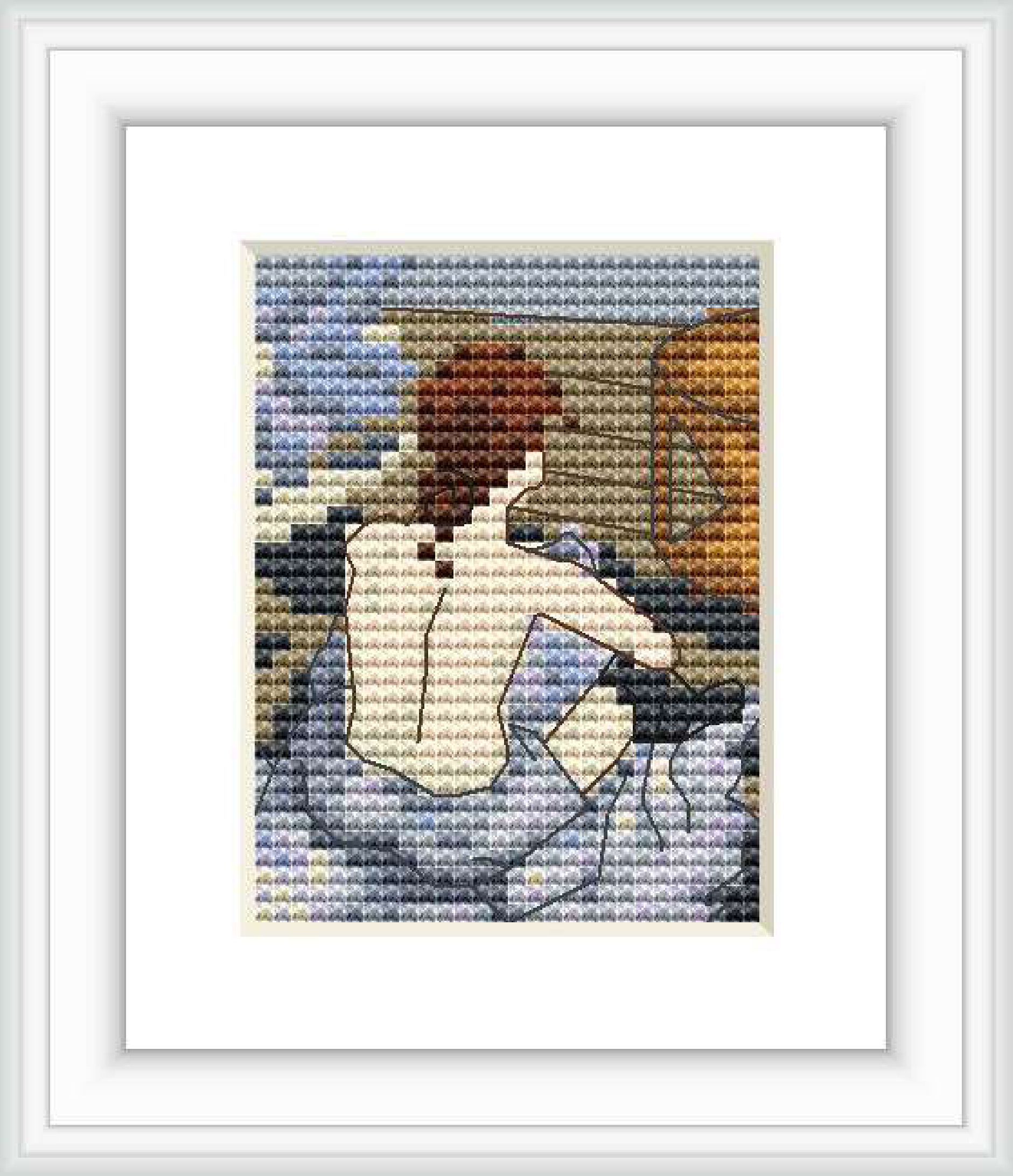 The design depicts a woman from the back view, seated before possibly a mirror, engaged in a personal grooming activity. The surrounding is a suggestion of an interior space with a muted color palette.