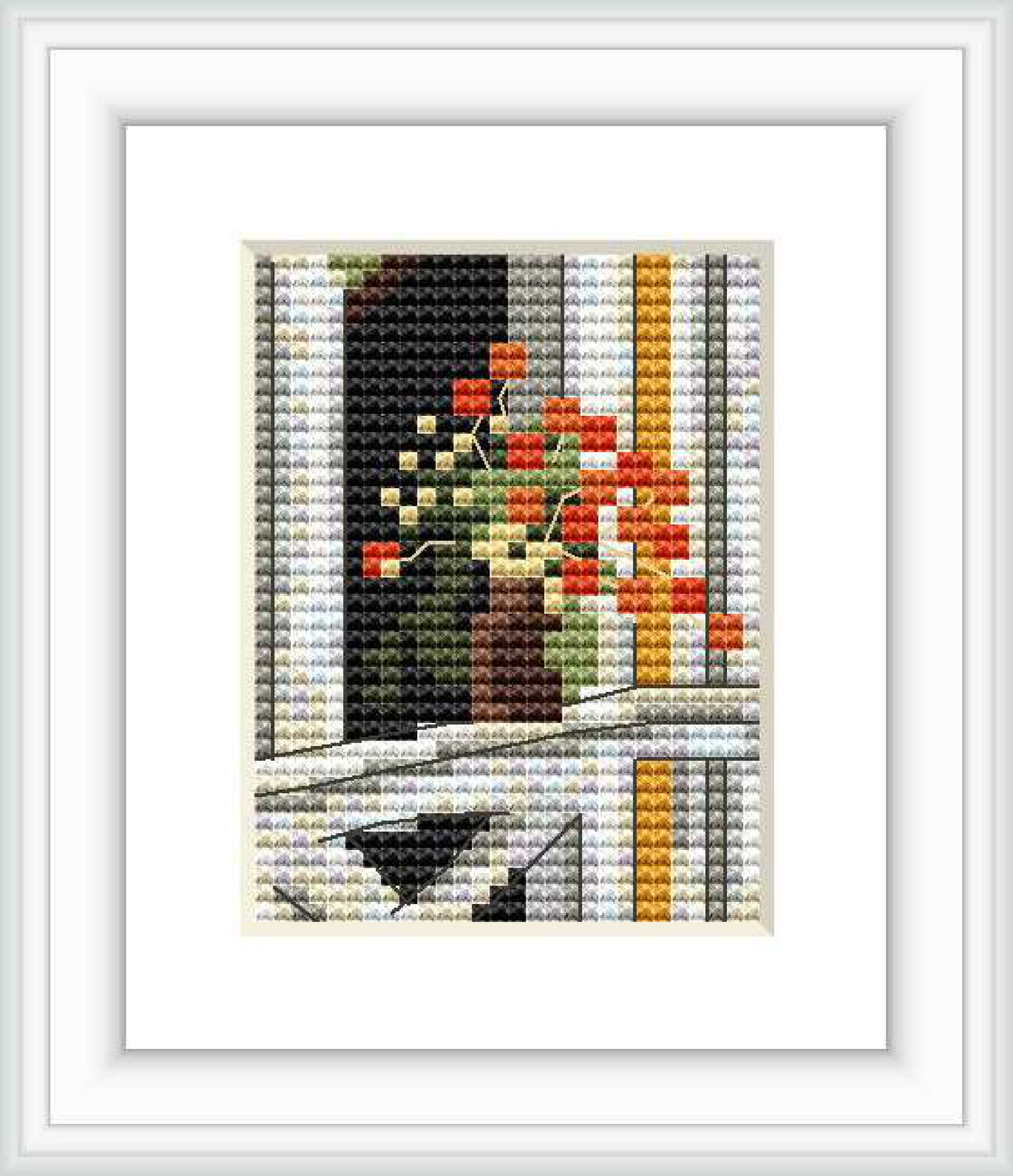 The image displays a framed cross stitch pattern featuring a still life scene with a vase of blooming poppies. The vase is placed on a surface with a contrasting dark background, surrounded by vertical stripes.