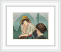 The cross stitch pattern depicts two figures, one prominently wearing a yellow hat, seated outdoors with greenery in the backdrop.