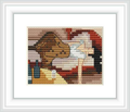 The cross stitch pattern features a profile of a figure facing left with visible facial features and upper body, set against a mottled background with varied colors. The scene is bordered by a simplistic frame, emphasizing the craftsmanship of the stitched design.