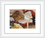 The cross stitch pattern features a profile of a figure facing left with visible facial features and upper body, set against a mottled background with varied colors. The scene is bordered by a simplistic frame, emphasizing the craftsmanship of the stitched design.