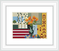 The image shows a cross stitch pattern depicting a vase of flowers sitting on a surface, partially in front of a window, with a representation of light coming through and stripes of varying colors in the background.