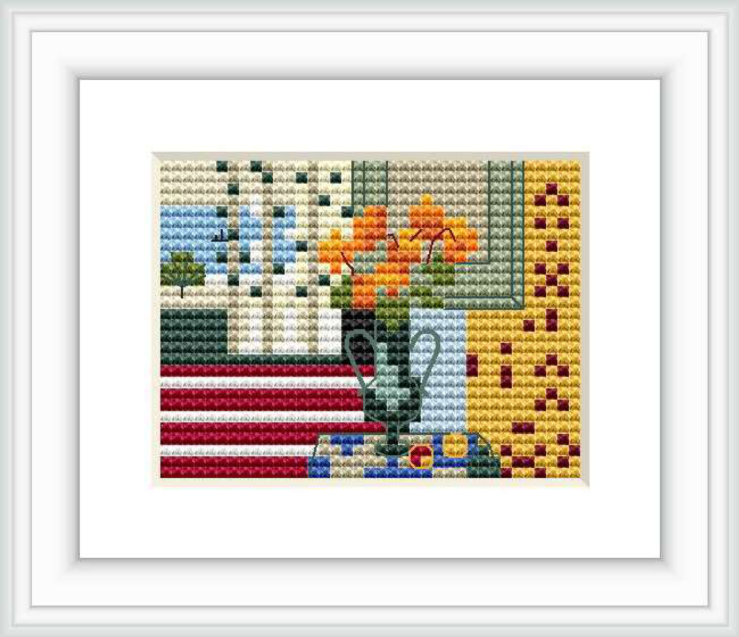 The image shows a cross stitch pattern depicting a vase of flowers sitting on a surface, partially in front of a window, with a representation of light coming through and stripes of varying colors in the background.