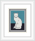 The image shows a framed cross stitch design of a sitting cat against an aqua background with a navy blue border. The pattern is distinctly minimalist with a sophisticated color scheme.