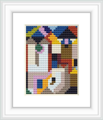 The image features a cross stitch pattern depicting an abstract design with multiple colorful blocks and shapes suggesting a form of architecture.