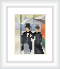 The cross stitch pattern depicts two figures, possibly a couple, walking on a street under a shared umbrella. They are dressed in vintage attire, suggestive of 19th-century fashion. The background features hints of a city environment with muted colors.
