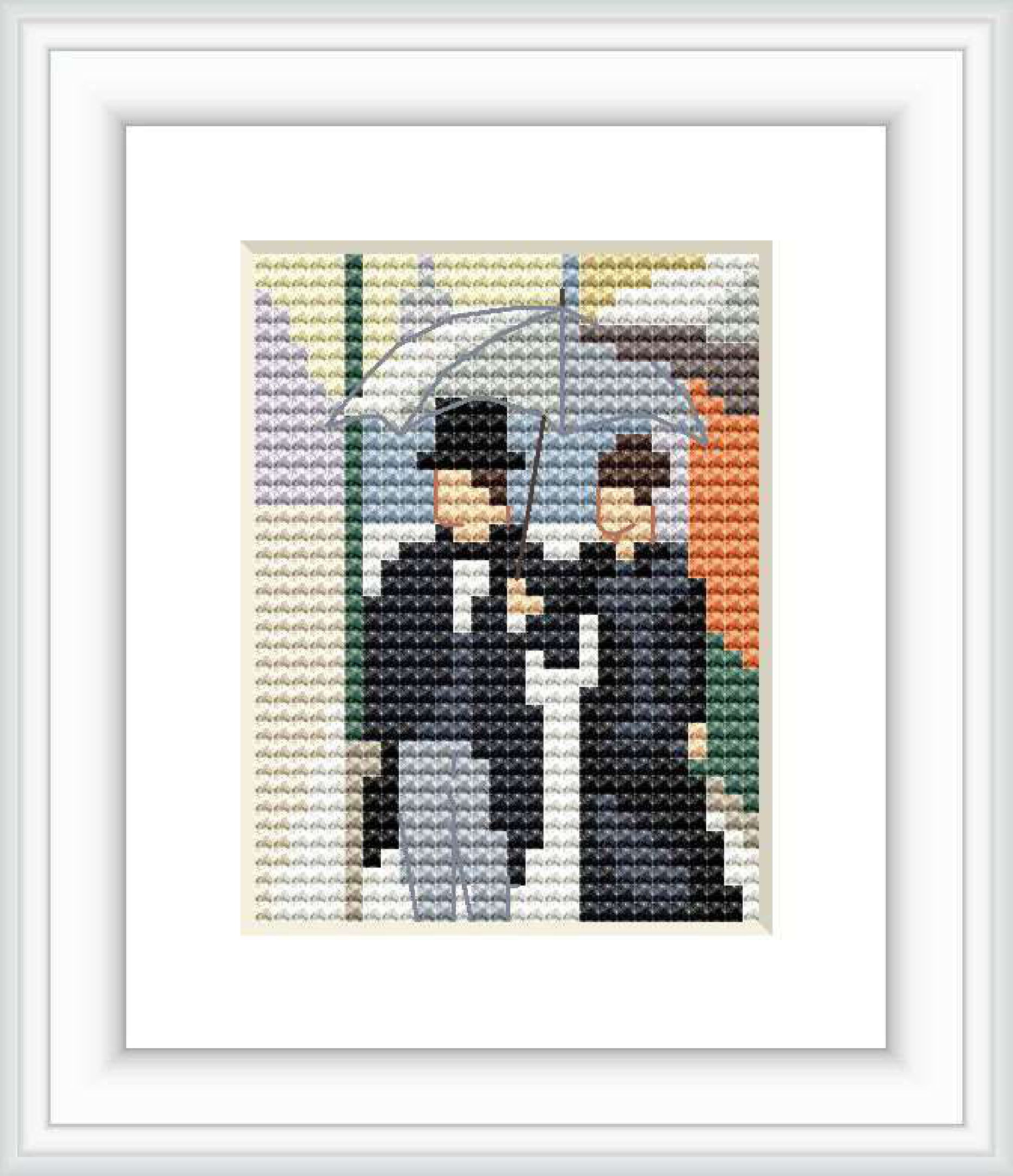 The cross stitch pattern depicts two figures, possibly a couple, walking on a street under a shared umbrella. They are dressed in vintage attire, suggestive of 19th-century fashion. The background features hints of a city environment with muted colors.