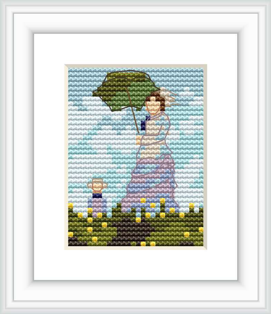 This cross stitch design depicts a woman holding a parasol standing in a field accompanied by a child, against a backdrop of a cloudy sky.