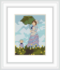 This cross stitch design depicts a woman holding a parasol standing in a field accompanied by a child, against a backdrop of a cloudy sky.