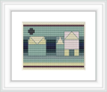 The pattern features three stylized houses rendered in pastel shades of blue, green, and purple, set against an abstracted background of horizontal gradient stripes.
